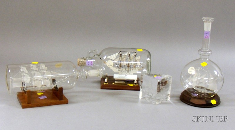 Appraisal: Three Contemporary Ships in Bottles and a Paperweight two ships