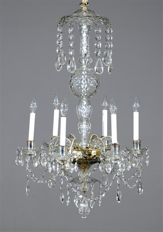 Appraisal: English crystal six-light chandelier th century baluster stem with scrolling