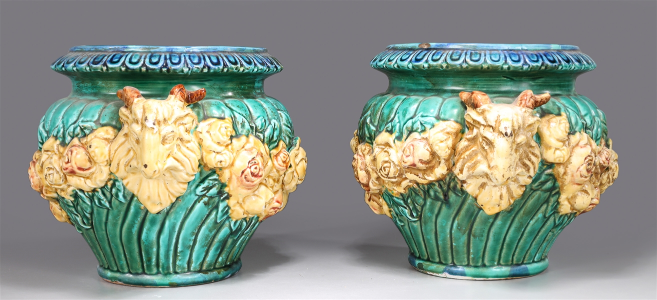 Appraisal: Beautiful blue-green Majolica porcelain planters with fluted bodies and draped