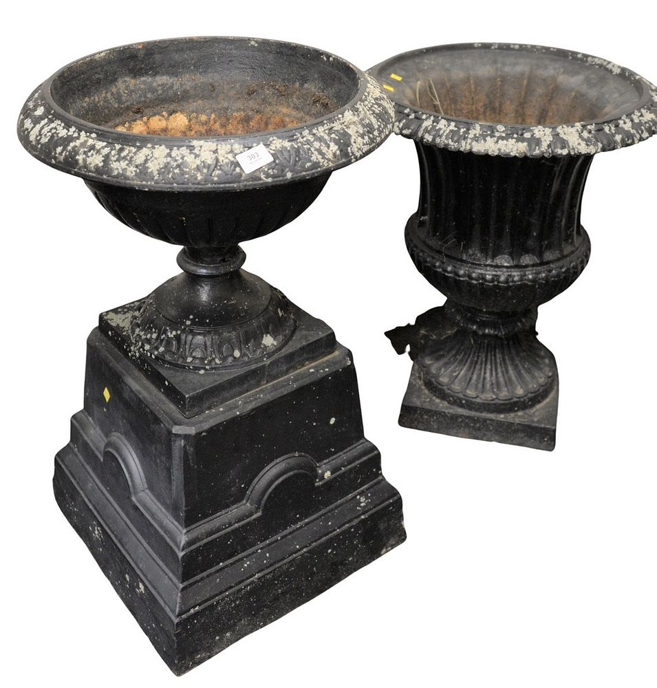 Appraisal: Two Iron Outdoor Urns two-part height inches diameter inches the