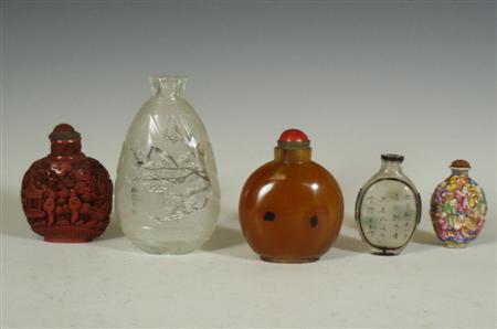 Appraisal: A group of five Chinese snuff bottles comprising a cinnabar