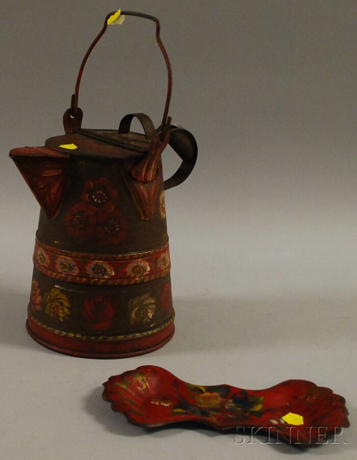 Appraisal: Polychrome-painted Tin Hot Water Kettle and Small Tray