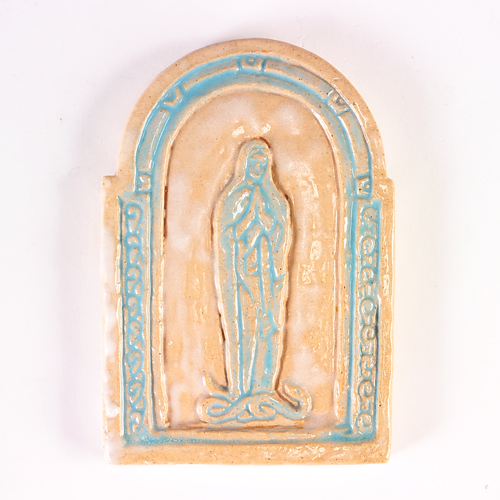 Appraisal: PEWABIC Arched plaque carved with a Virgin Mary with snake