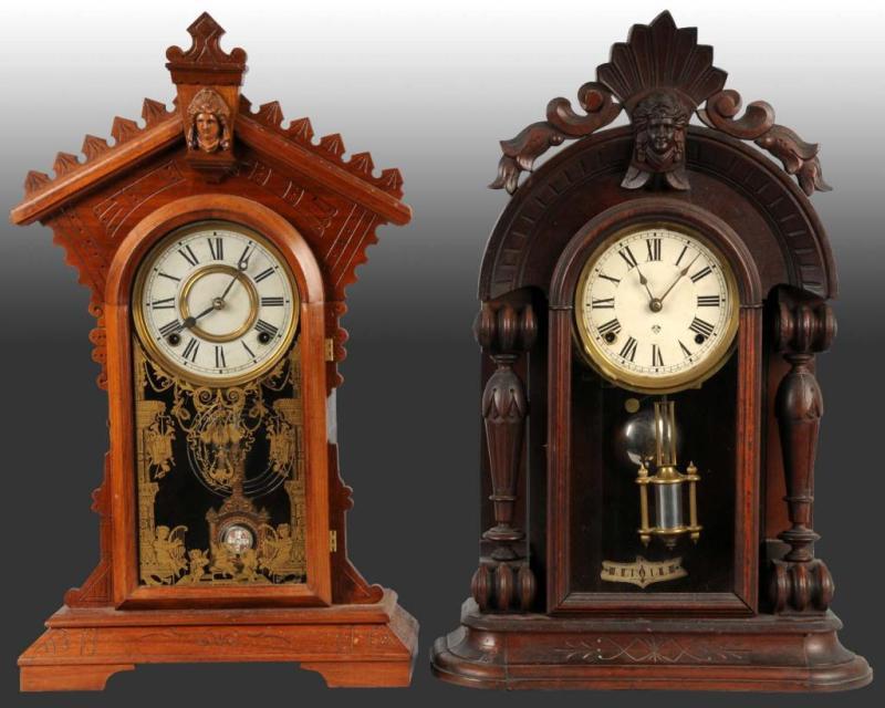 Appraisal: Lot of Wooden Gingerbread Shelf Clocks Description Time strike with