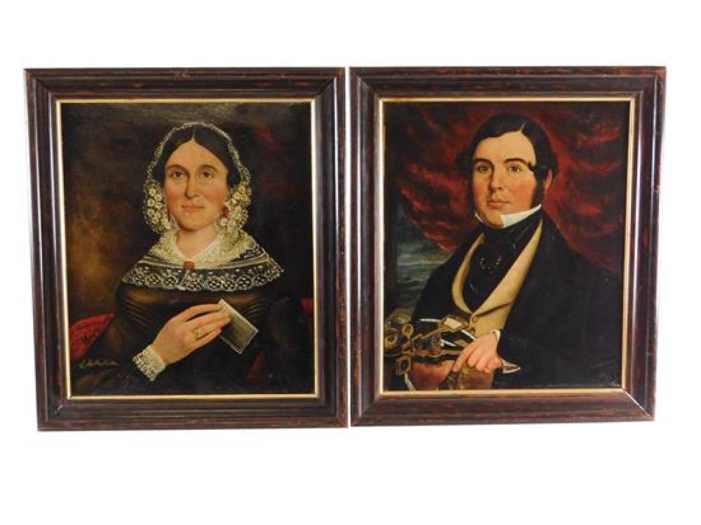 Appraisal: Portraits of Sea Captain and Wife c oil on canvas