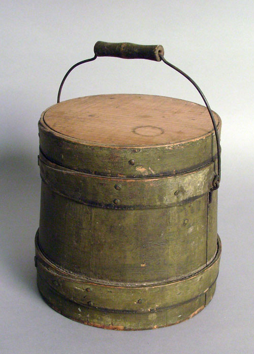 Appraisal: Diminutive wood firkin th c in an old green painted