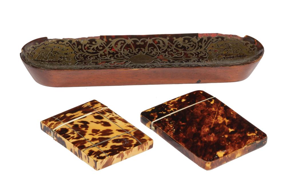 Appraisal: Two Antique English Tortoiseshell Card Cases and Boullework Pen Tray