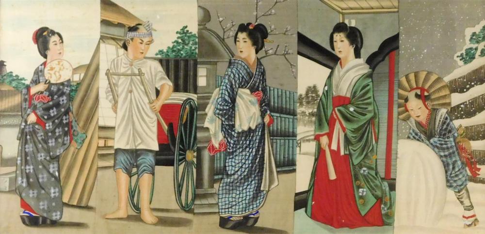 Appraisal: Japanese inspired watercolor painting on silk divided into five vignettes