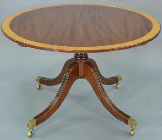 Appraisal: Mahogany banded inlaid round pedestal table with tip top dia