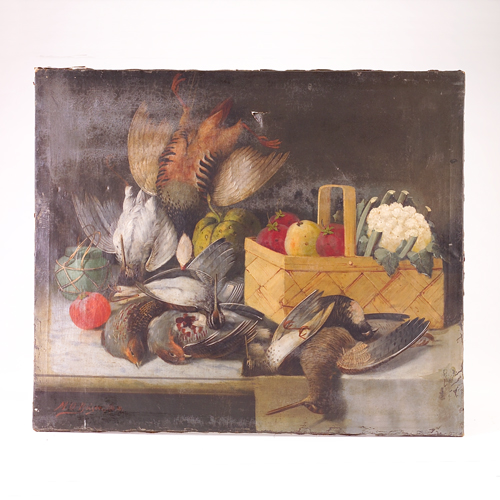 Appraisal: Still life with fowl and vegetable basket oil on canvas