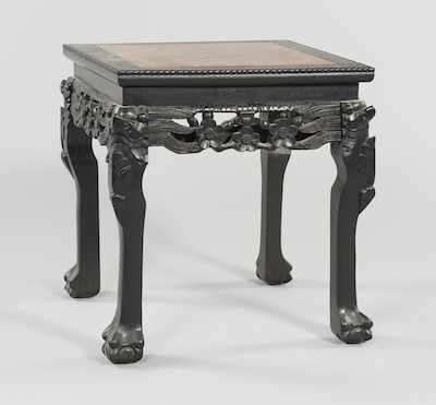 Appraisal: A Carved Wood Stand with Pink Marble Insert Square top