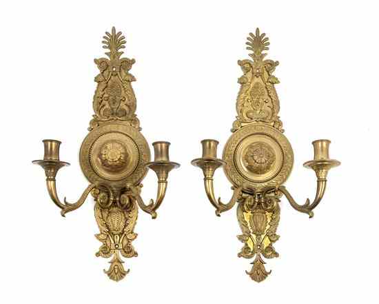 Appraisal: A Pair of Empire Gilt Bronze Two-Light Sconces each having