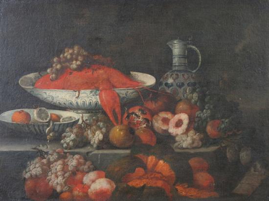 Appraisal: DUTCH SCHOOL th th century STILL LIFE WITH LOBSTER DELFTWARE