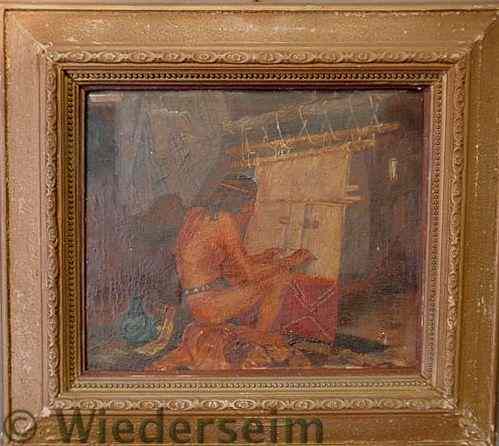 Appraisal: Oil on canvas painting of an Indian working a loom