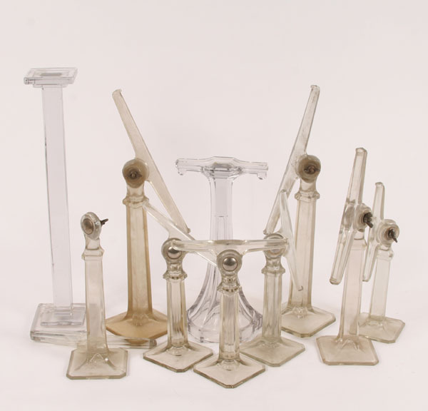 Appraisal: Lot of glass pharmacy shelf supports mechanical and fixed Pedestal