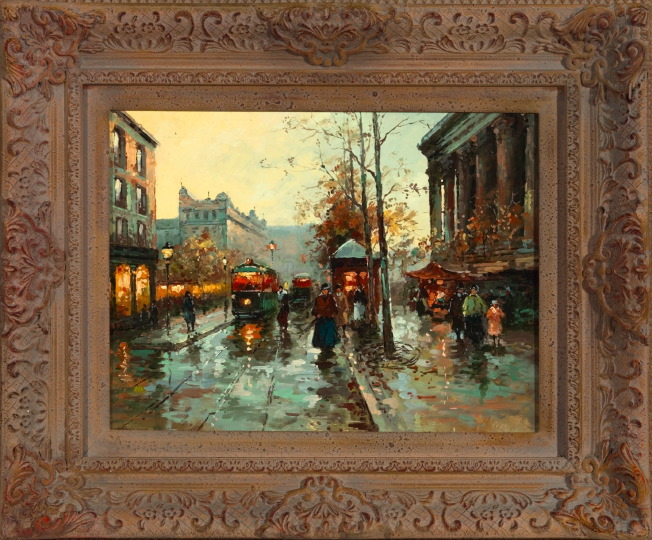 Appraisal: French School th Century Parisian Street Scene After Rain oil