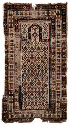 Appraisal: Shirvan prayer rug repeating geometric designs on ivory field multiple