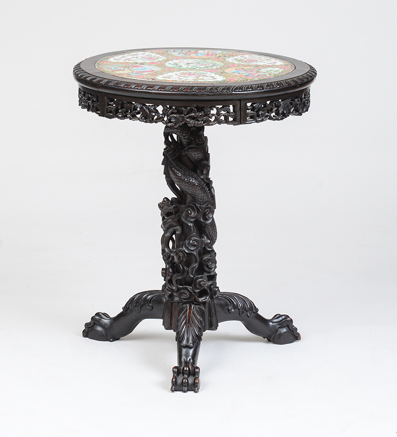 Appraisal: CHINESE CARVED HARDWOOD TABLE WITH CANTON PLAQUE With a circular