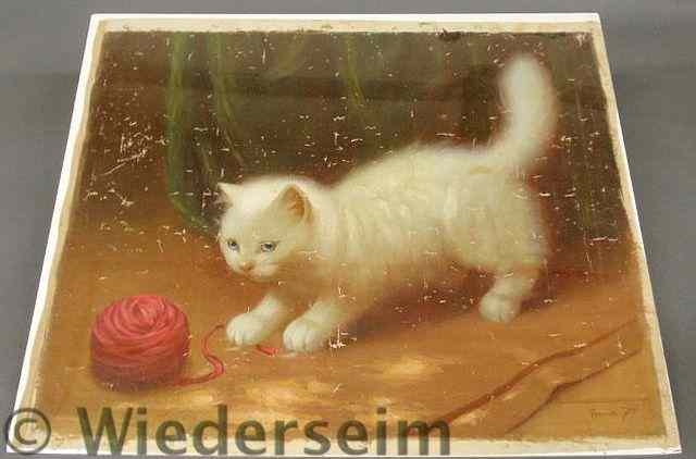 Appraisal: Oil on canvas painting of a white long-haired cat playing