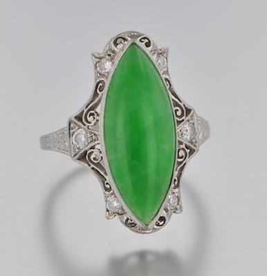 Appraisal: A Ladies' Deco Style Jadeite and Diamond Ring Platinum reticulated