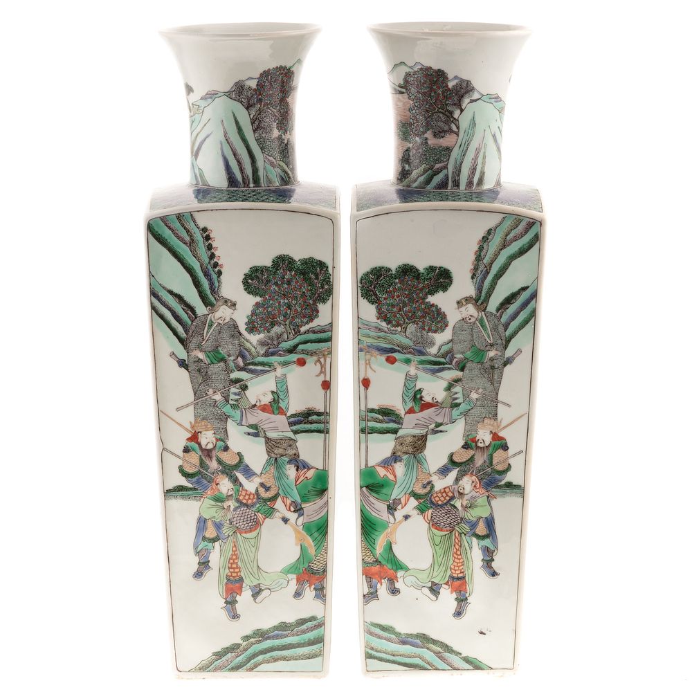 Appraisal: Pair Chinese Famille Verte Panel Vases Vases depicting warriors in