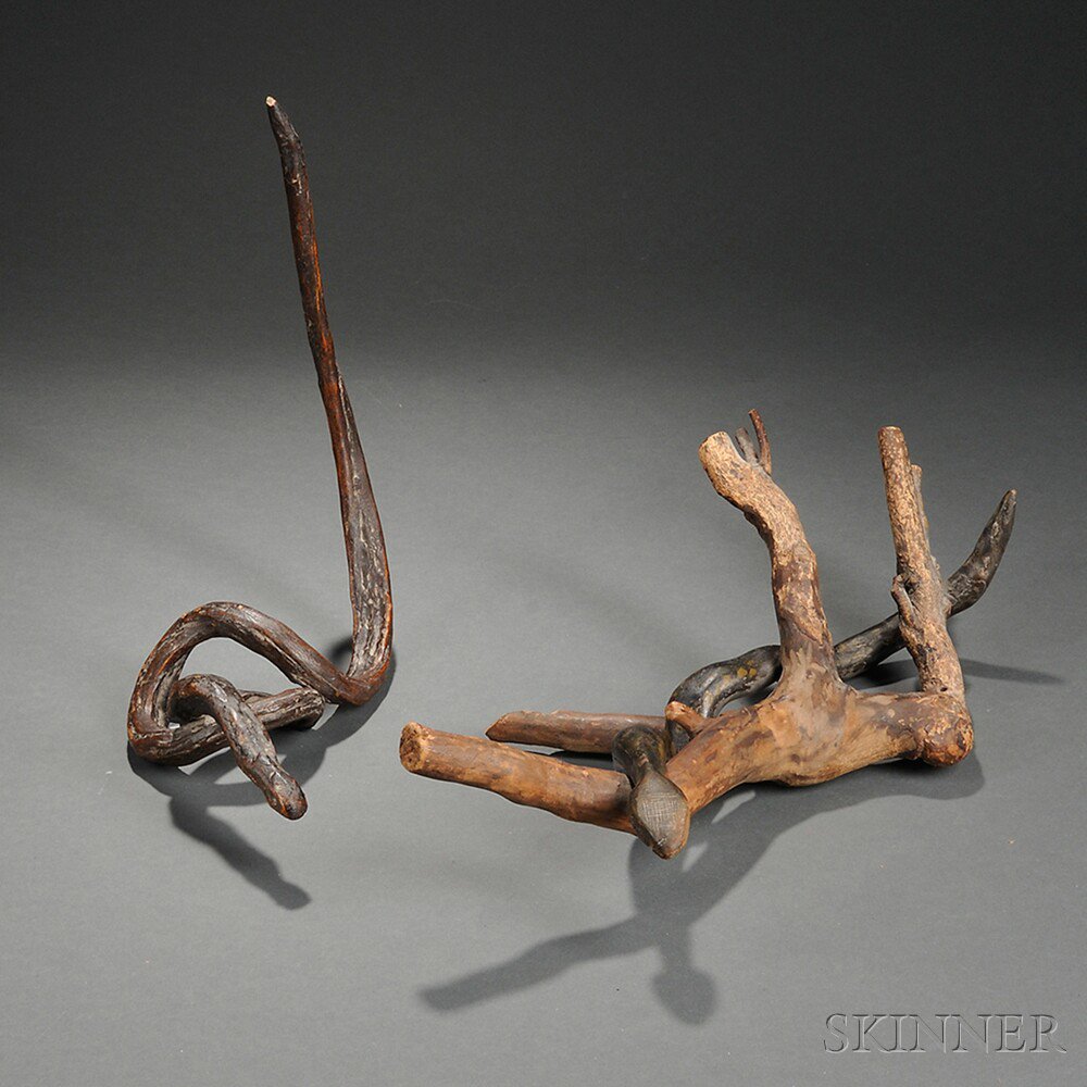 Appraisal: Two Carved Root Snakes America the first painted black and