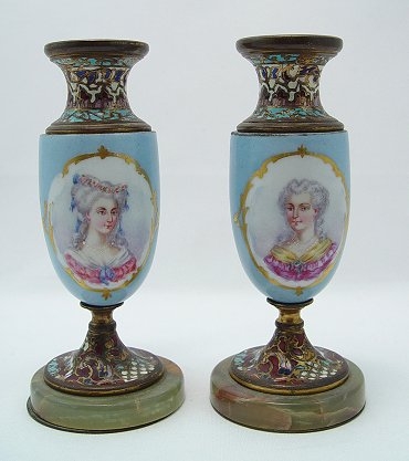 Appraisal: PAIR OF MINIATURE CHAMPLEVE MOUNTED PORCELAIN PORTRAIT VASES Brass plate