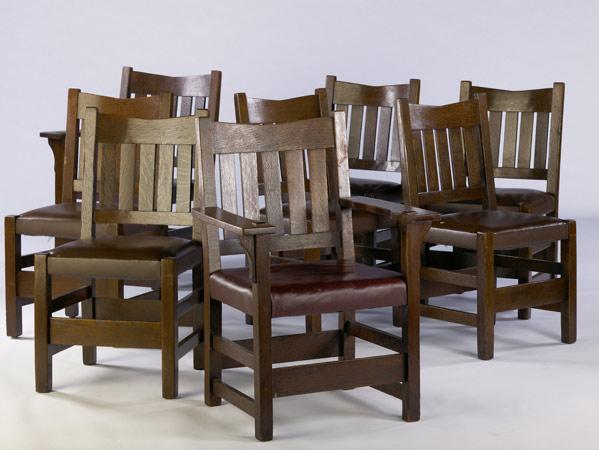 Appraisal: GUSTAV STICKLEY Partly assembled set of eight V-back dining chairs