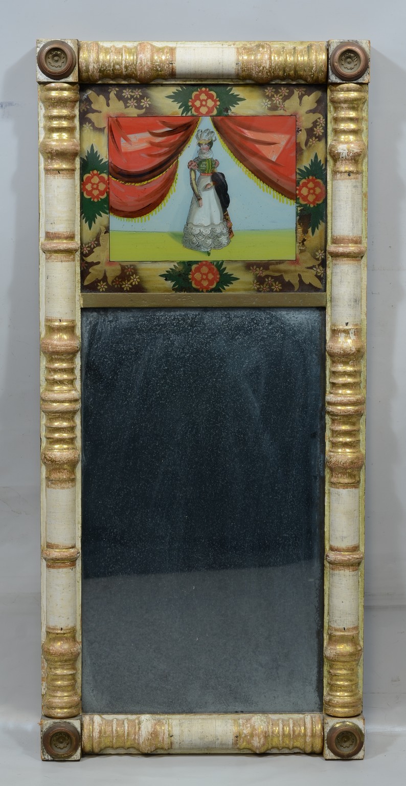 Appraisal: Classical Giltwood and glomis Mirror th century panel depicting young