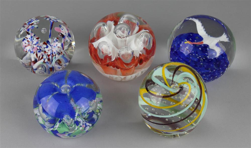 Appraisal: FIVE PAPERWEIGHTS BY JOHN GENTILE including a goose in flight