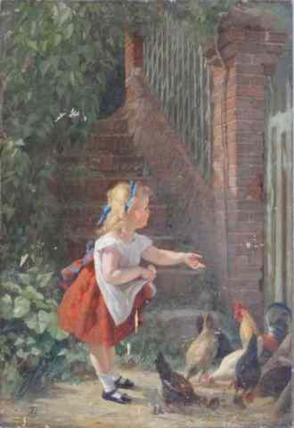 Appraisal: T L Monogrammed Oil on Panel of Girl FeedingChickens Monogrammed