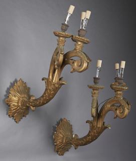 Appraisal: Large Pair of Carved Wood and Gesso Three Light Sc