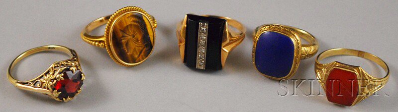 Appraisal: Five kt Gold Gem-set and Hardstone Rings onyx and diamond