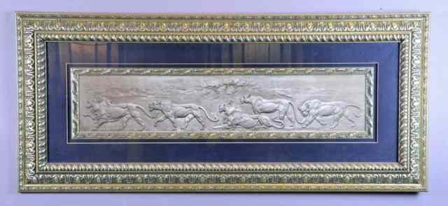 Appraisal: MODERN DECORATIVE PRINT OF LIONSBronze savanah landscape depicting five lions