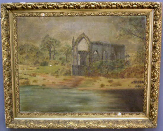 Appraisal: Oil on canvas painting of water s edge church ruins