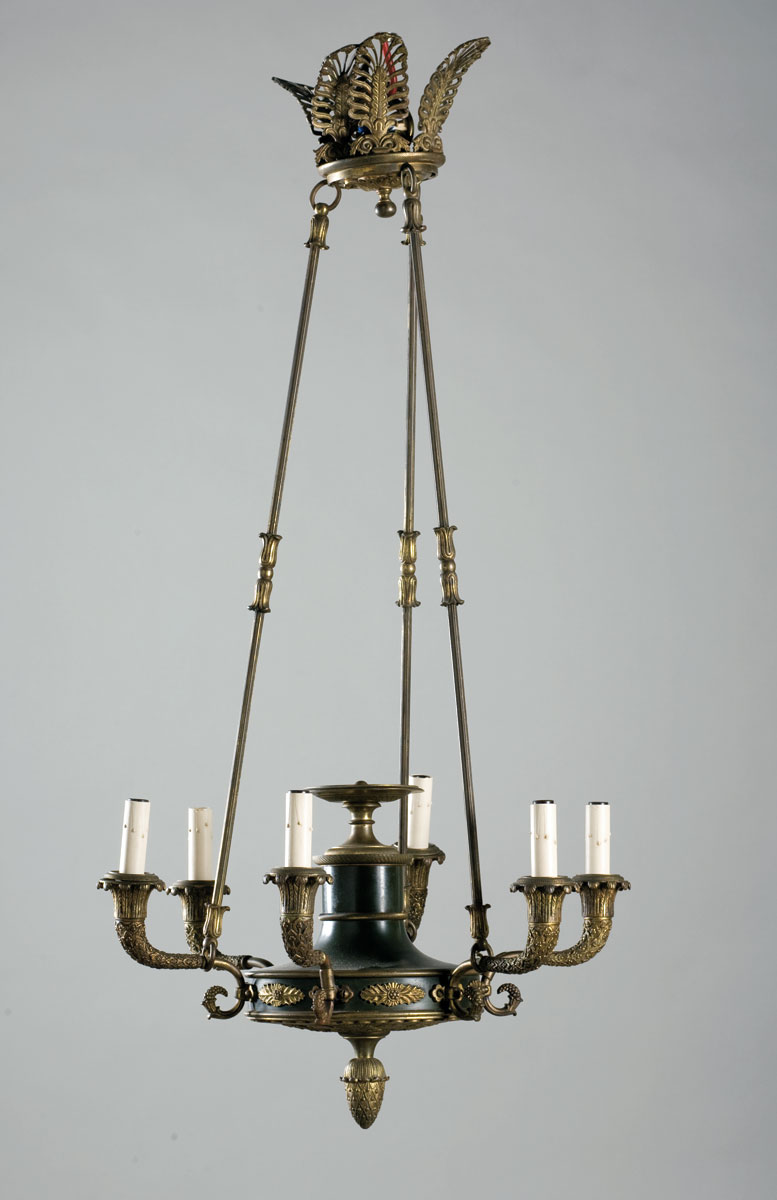 Appraisal: EMPIRE STYLE PATINATED AND GILT-METAL SIX-LIGHT CHANDELIER WITH CROWN CREST