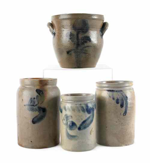 Appraisal: Four Pennsylvania cobalt decorated stoneware crocks th c tallest -