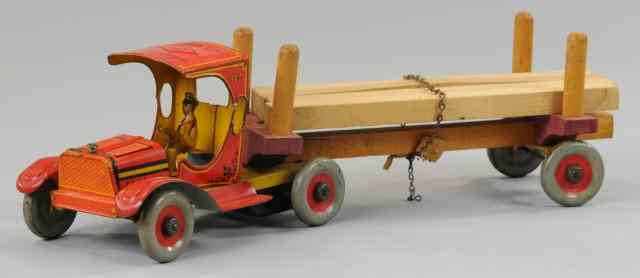 Appraisal: STRAUSS TIMBER KING TRUCK Lithographed tin cab with wood trailer