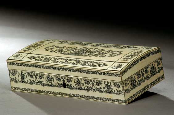 Appraisal: INDO-CHINESE IVORY BOX Ornately engraved Indo-Chinese sectional ivory box containing