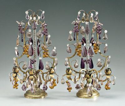 Appraisal: Pair brass candelabra urn shaped brass frames hung with amethyst