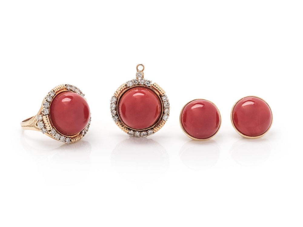 Appraisal: CORAL SET CORAL SET Consisting of a ring containing one