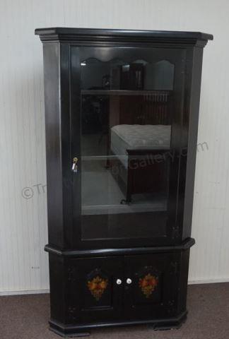 Appraisal: 's- 's solid wood black painted corner curio cabinet with