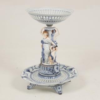 Appraisal: CONTINENTAL PORCELAIN FIGURAL CENTERPIECE CONTINENTAL BLUE AND WHITE PORCELAIN TIER