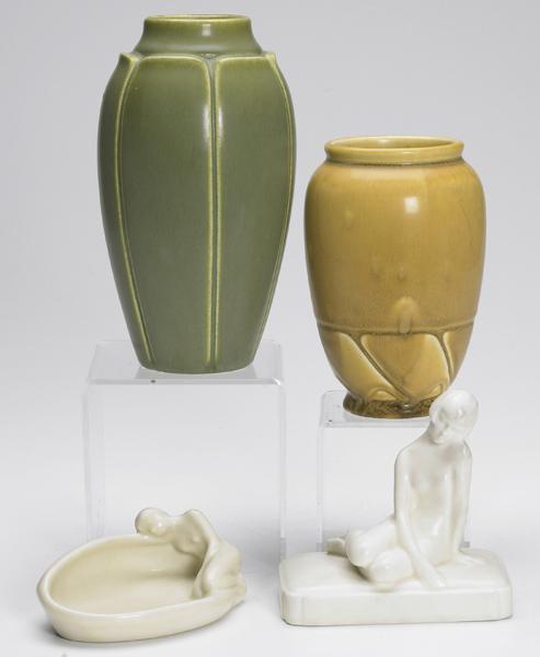 Appraisal: ROOKWOOD Four Production pieces including two vases and a figural