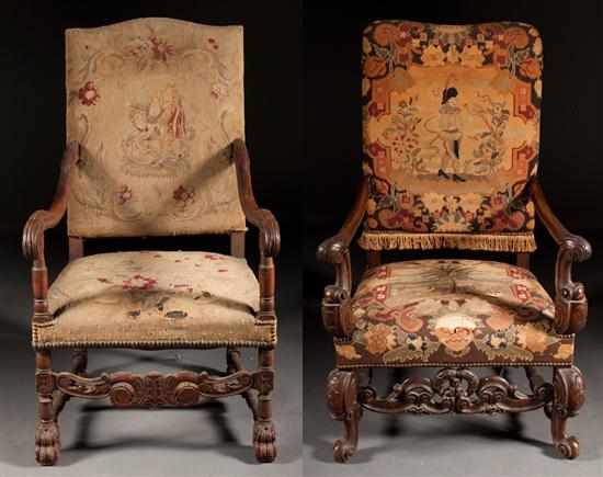 Appraisal: Two Louis XIII style carved mahogany tapestry upholstered armchairs th