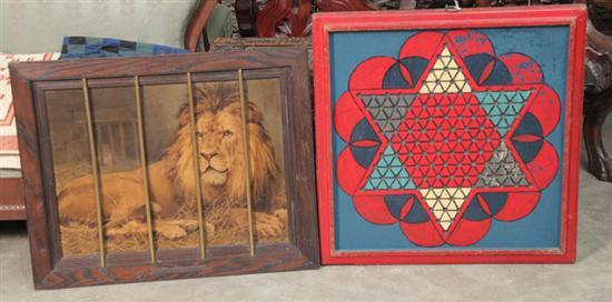 Appraisal: TWO FRAMED ITEMS Double sided game board with red and