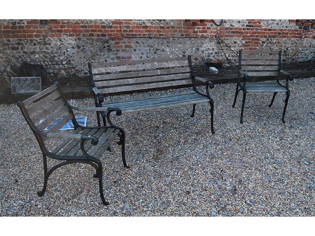 Appraisal: A slatted garden seat on metal frame and two matching