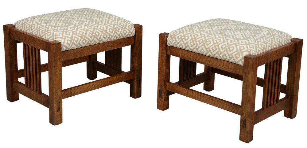 Appraisal: Pair of Stickley Mission Oak Footstools with upholstered tops height