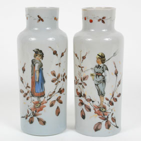 Appraisal: A pair of shouldered Bristol vases with hand painted figures