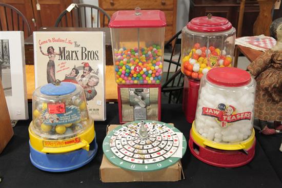 Appraisal: FOUR GUMBALL MACHINES AND A POKER GAME ''Jaw Teasers'' plastic